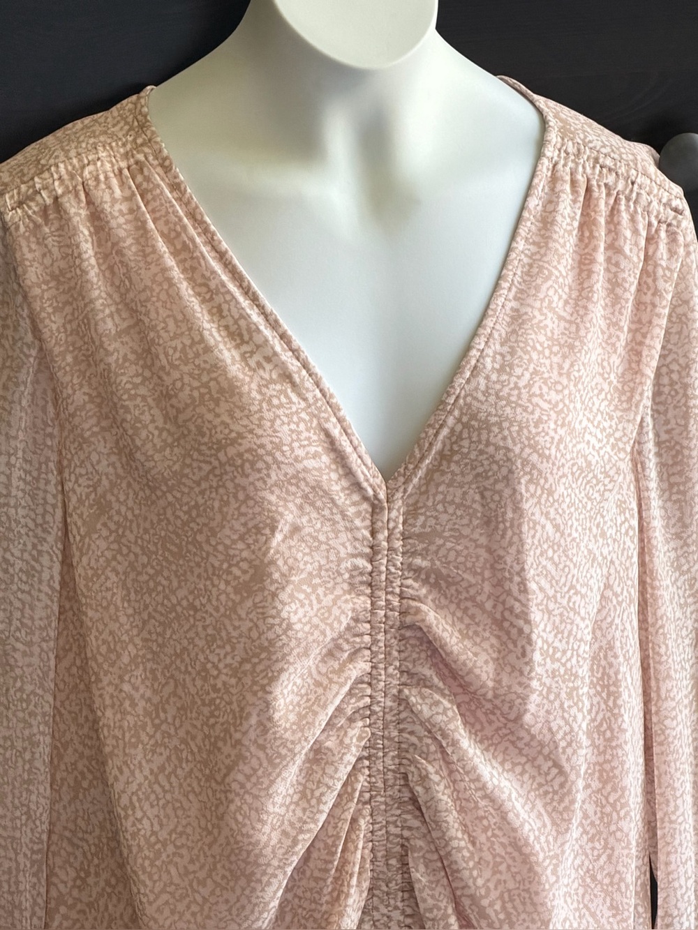Calvin Klein Beige Ruched V Neck Blouse Medium Neutral Office Minimalist